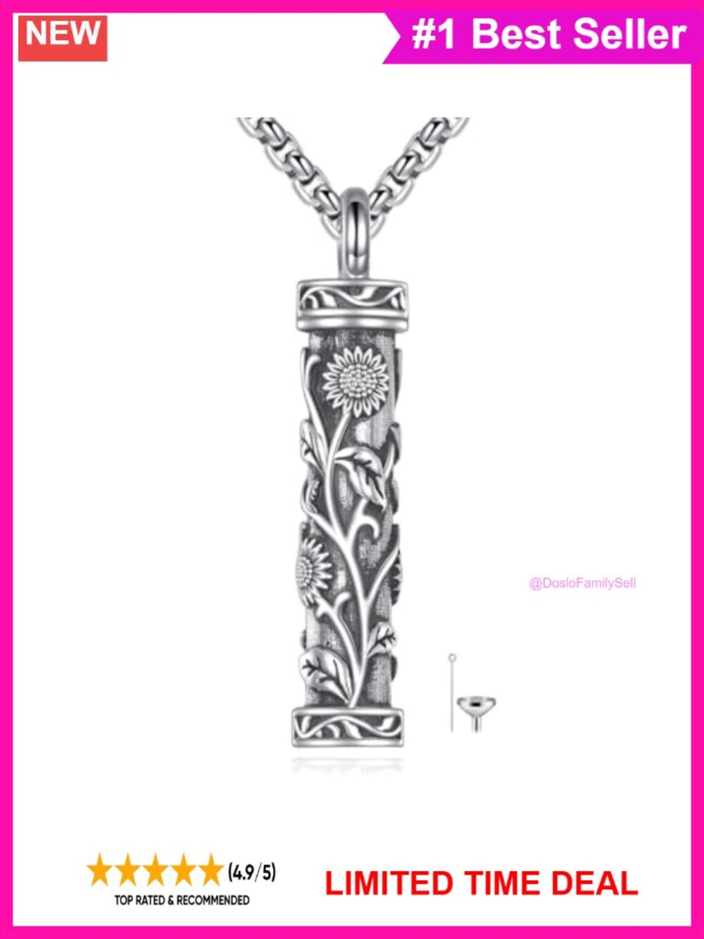 925 Sterling Silver Sunflower Urn Necklace Infinity Pendant Memorial Jewelry